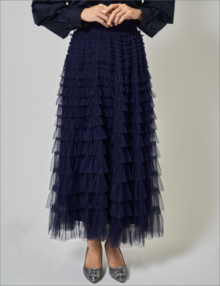 Tiered long tulle skirt -navy-