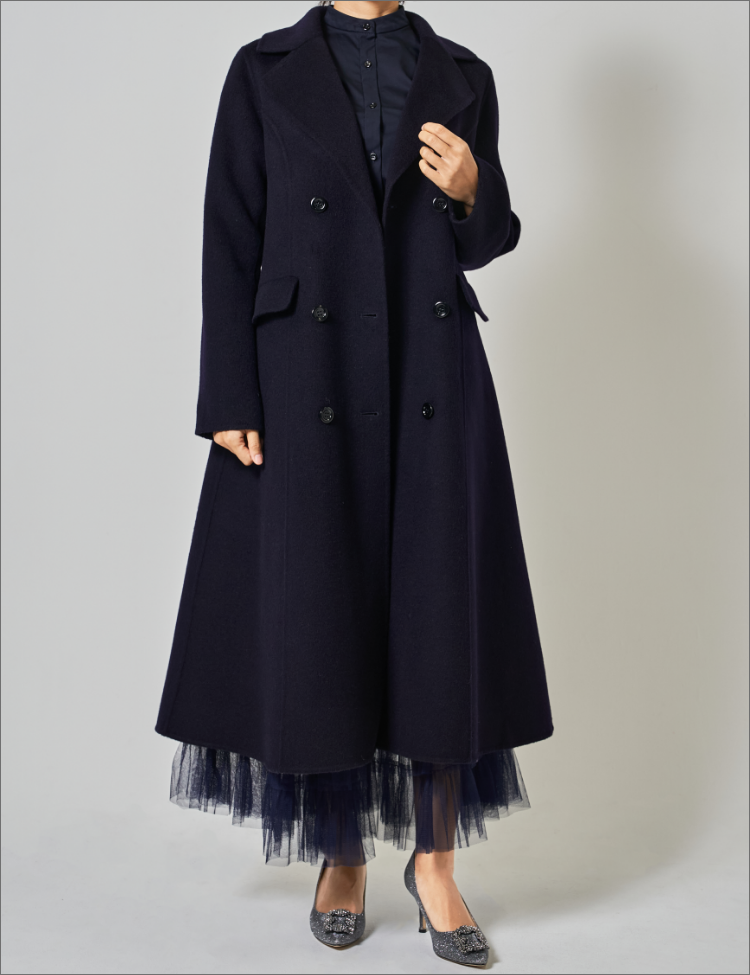 double breasted wool long coat -navy-